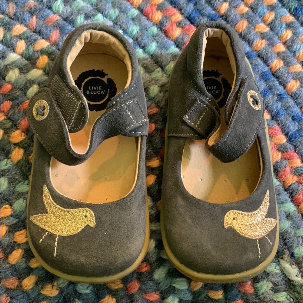 Livie & Luca Charcoal PIO PIO Shoes with Glittery Gold Bird-NWOT